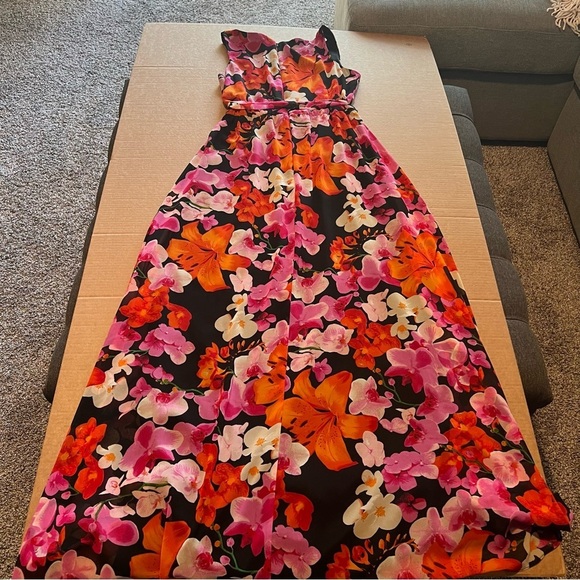 Eliza J. Hibiscus orchids print sleeveless chiffon maxi dress, fully lined, sz 6 - Picture 4 of 14